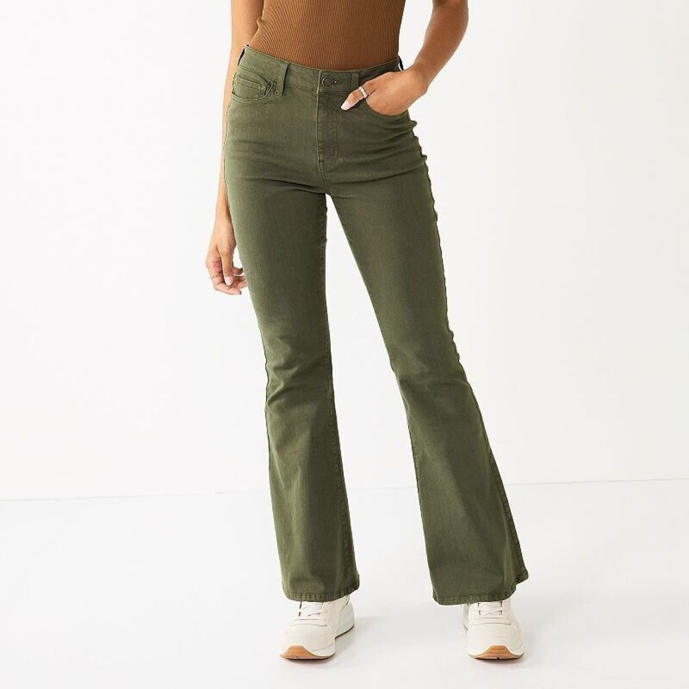 SO High Rise Flare Pants Juniors 17/33 Olive Green Stretch NEW